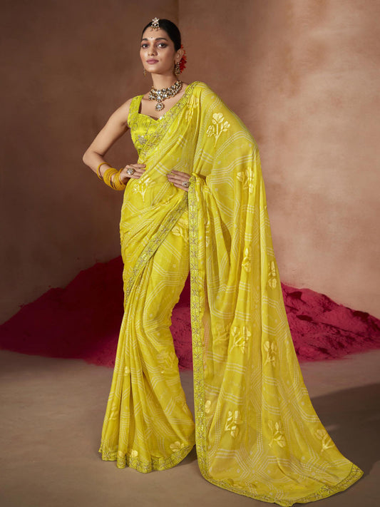 Women's Chiffon Lemon Yellow Embellished Designer Saree With Blouse Piece