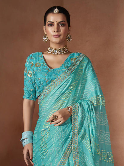 Women's Chiffon Blue Embellished Designer Saree With Blouse Piece