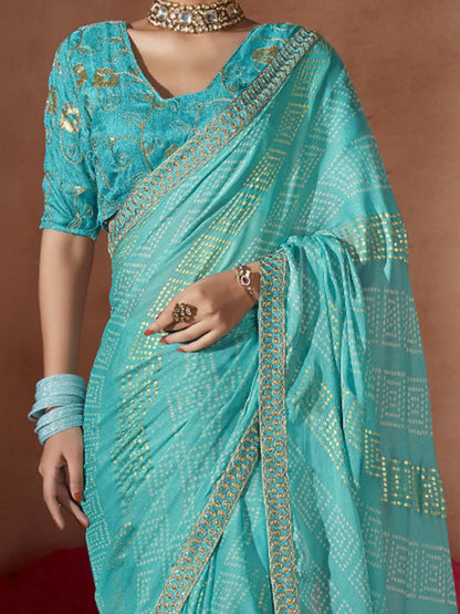 Women's Chiffon Blue Embellished Designer Saree With Blouse Piece