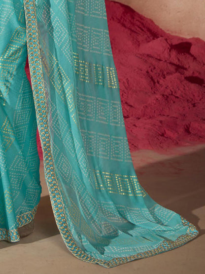 Women's Chiffon Blue Embellished Designer Saree With Blouse Piece