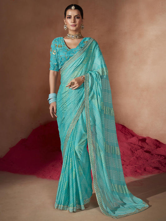 Women's Chiffon Blue Embellished Designer Saree With Blouse Piece