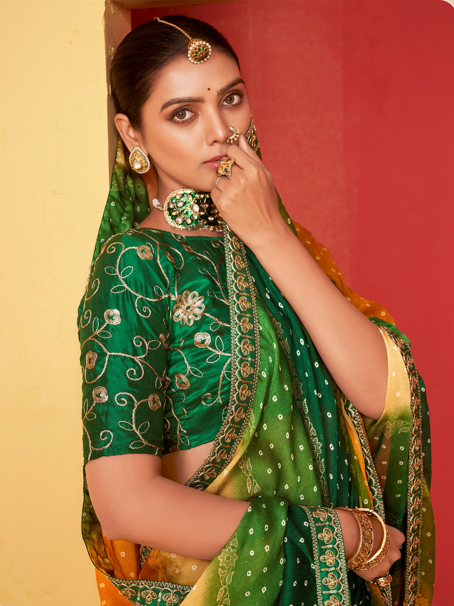Women's Chiffon Green Embellished Designer Saree With Blouse Piece