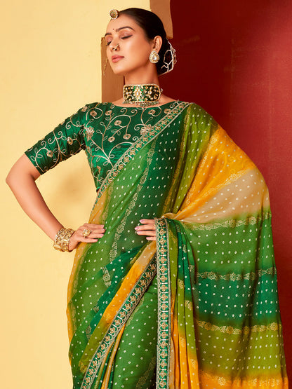 Women's Chiffon Green Embellished Designer Saree With Blouse Piece