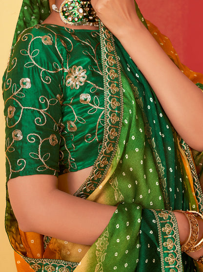 Women's Chiffon Green Embellished Designer Saree With Blouse Piece