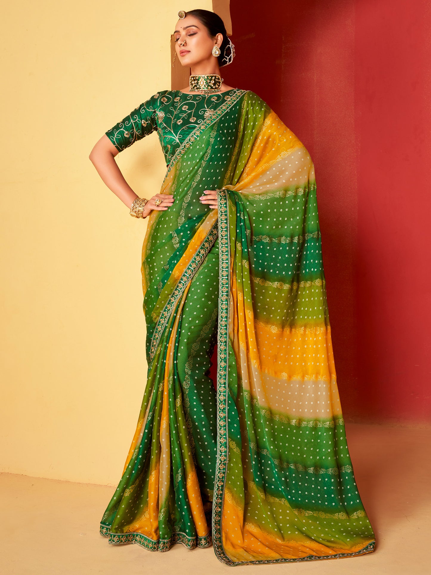 Women's Chiffon Green Embellished Designer Saree With Blouse Piece