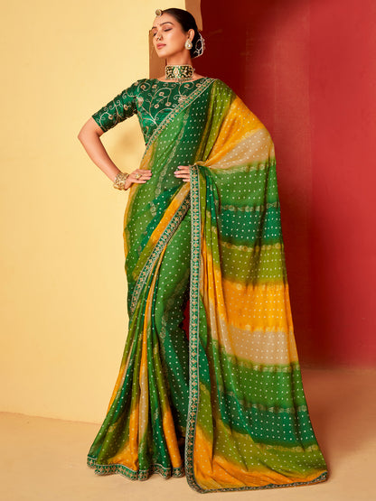 Women's Chiffon Green Embellished Designer Saree With Blouse Piece