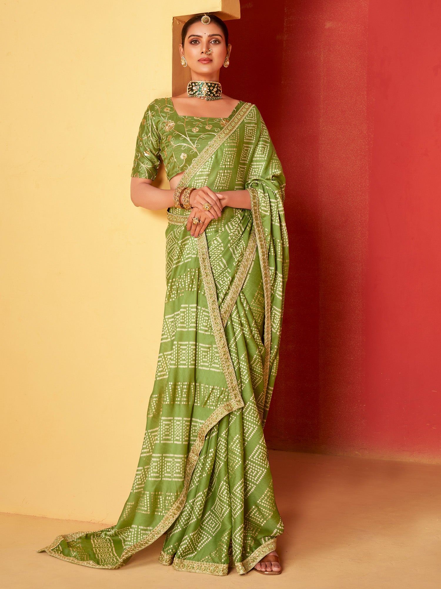 Women's Chiffon Light Green Embellished Designer Saree With Blouse Piece