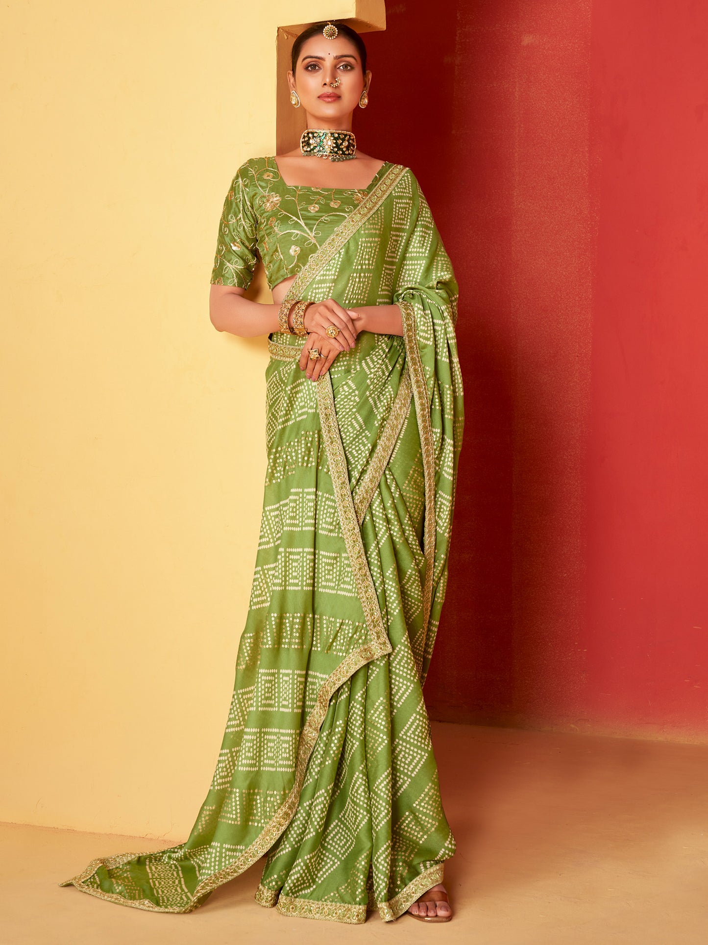 Women's Chiffon Light Green Embellished Designer Saree With Blouse Piece