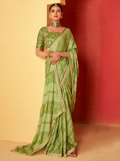 Women's Chiffon Light Green Embellished Designer Saree With Blouse Piece