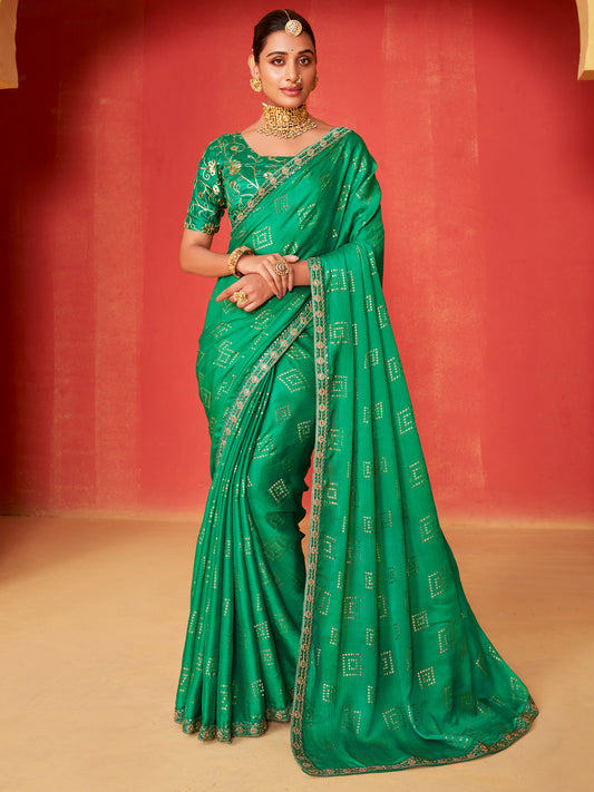 Women's Chiffon Teal green Embellished Designer Saree With Blouse Piece