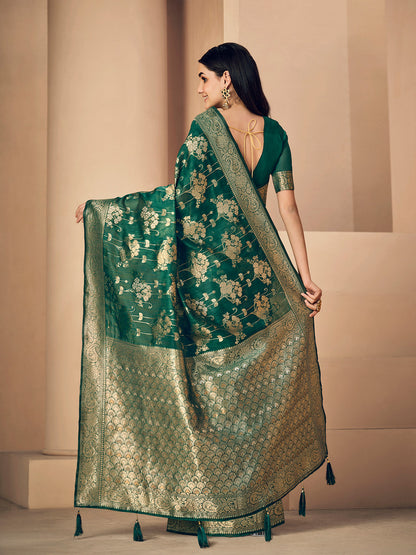 Dhiyona GR Women's Sargam Cadmium Green Zari Woven Design Linen Saree