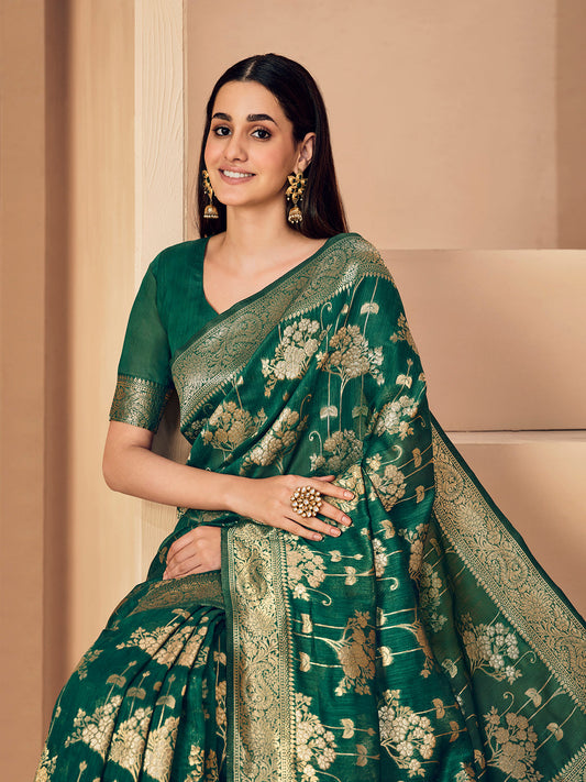 Dhiyona GR Women's Sargam Cadmium Green Zari Woven Design Linen Saree