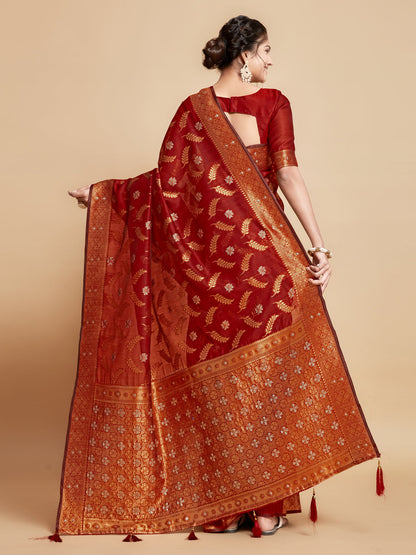 Dhiyona GR Women's Sargam Barn Red Zari Woven Design Linen Saree