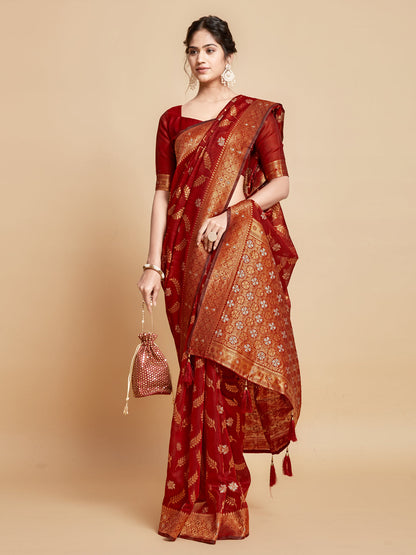 Dhiyona GR Women's Sargam Barn Red Zari Woven Design Linen Saree