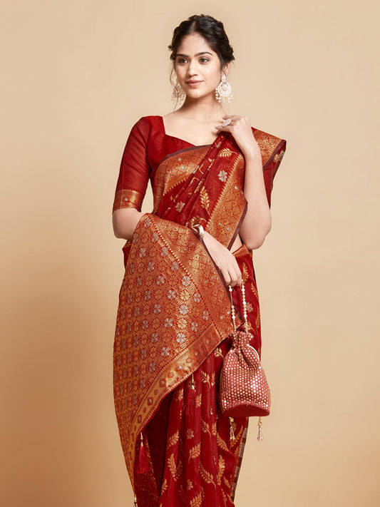 Dhiyona GR Women's Sargam Barn Red Zari Woven Design Linen Saree