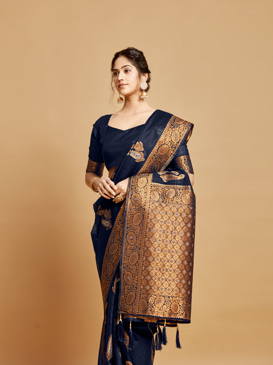 Dhiyona GR Women's Sargam Berry Blue Zari Woven Design Linen Saree