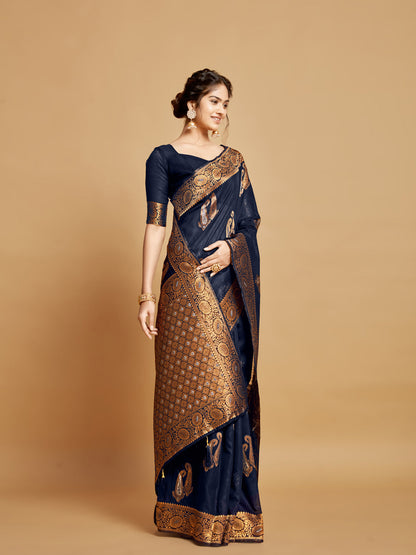 Dhiyona GR Women's Sargam Berry Blue Zari Woven Design Linen Saree