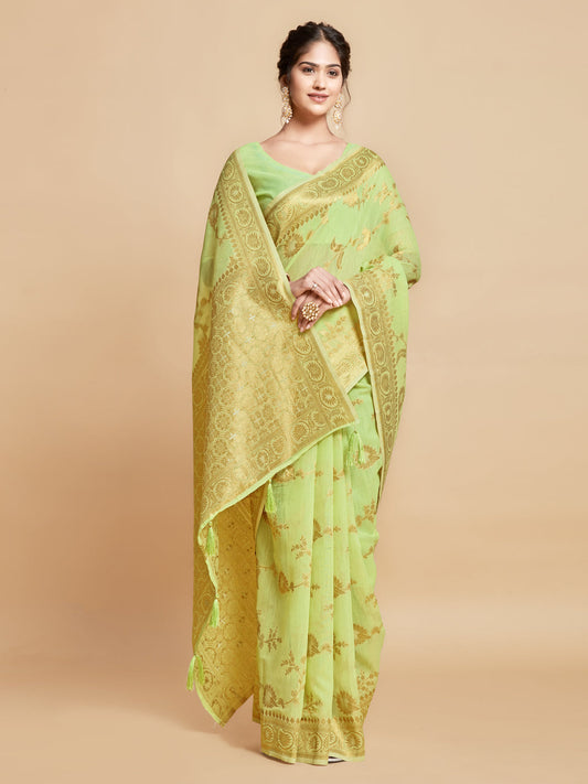 Dhiyona GR Women's Sargam Royal Lime Green Zari Woven Design Linen Saree
