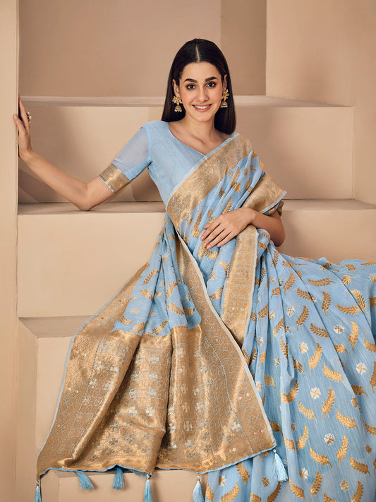 Dhiyona GR Women's Sargam Baby Blue Zari Woven Design Linen Saree