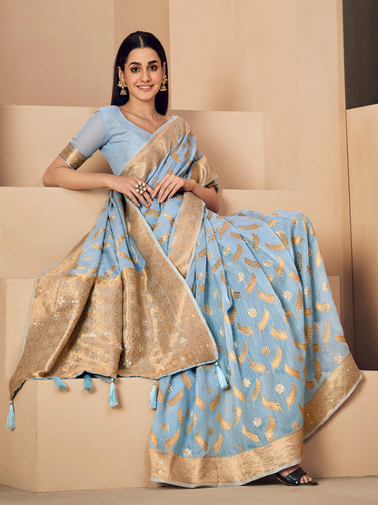 Dhiyona GR Women's Sargam Baby Blue Zari Woven Design Linen Saree