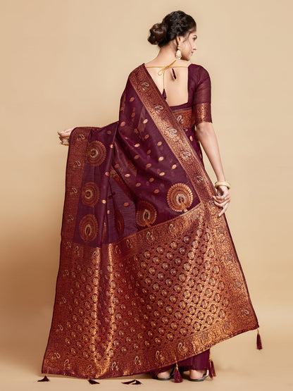 Dhiyona GR Women's Sargam Burnt Burgundy Zari Woven Design Linen Saree