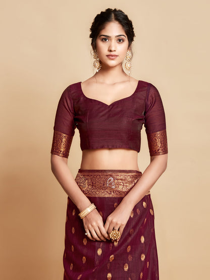 Dhiyona GR Women's Sargam Burnt Burgundy Zari Woven Design Linen Saree