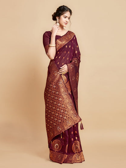 Dhiyona GR Women's Sargam Burnt Burgundy Zari Woven Design Linen Saree