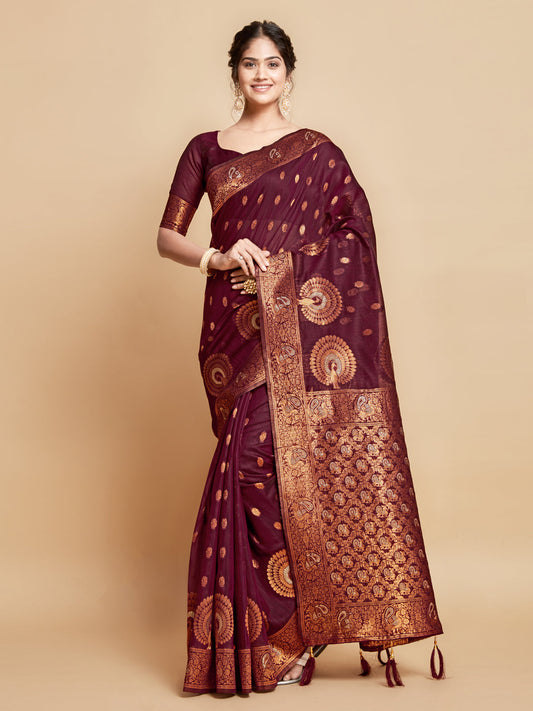 Dhiyona GR Women's Sargam Burnt Burgundy Zari Woven Design Linen Saree
