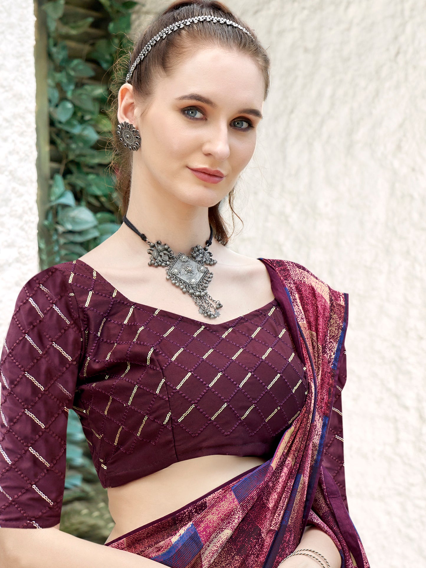 Women's Georgette Magenta Printed Designer Saree With Blouse Piece