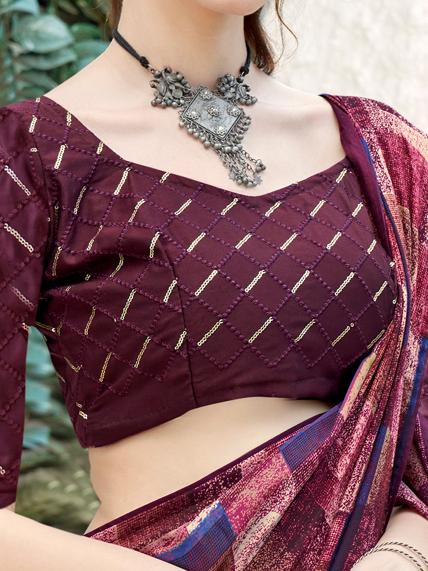 Women's Georgette Magenta Printed Designer Saree With Blouse Piece