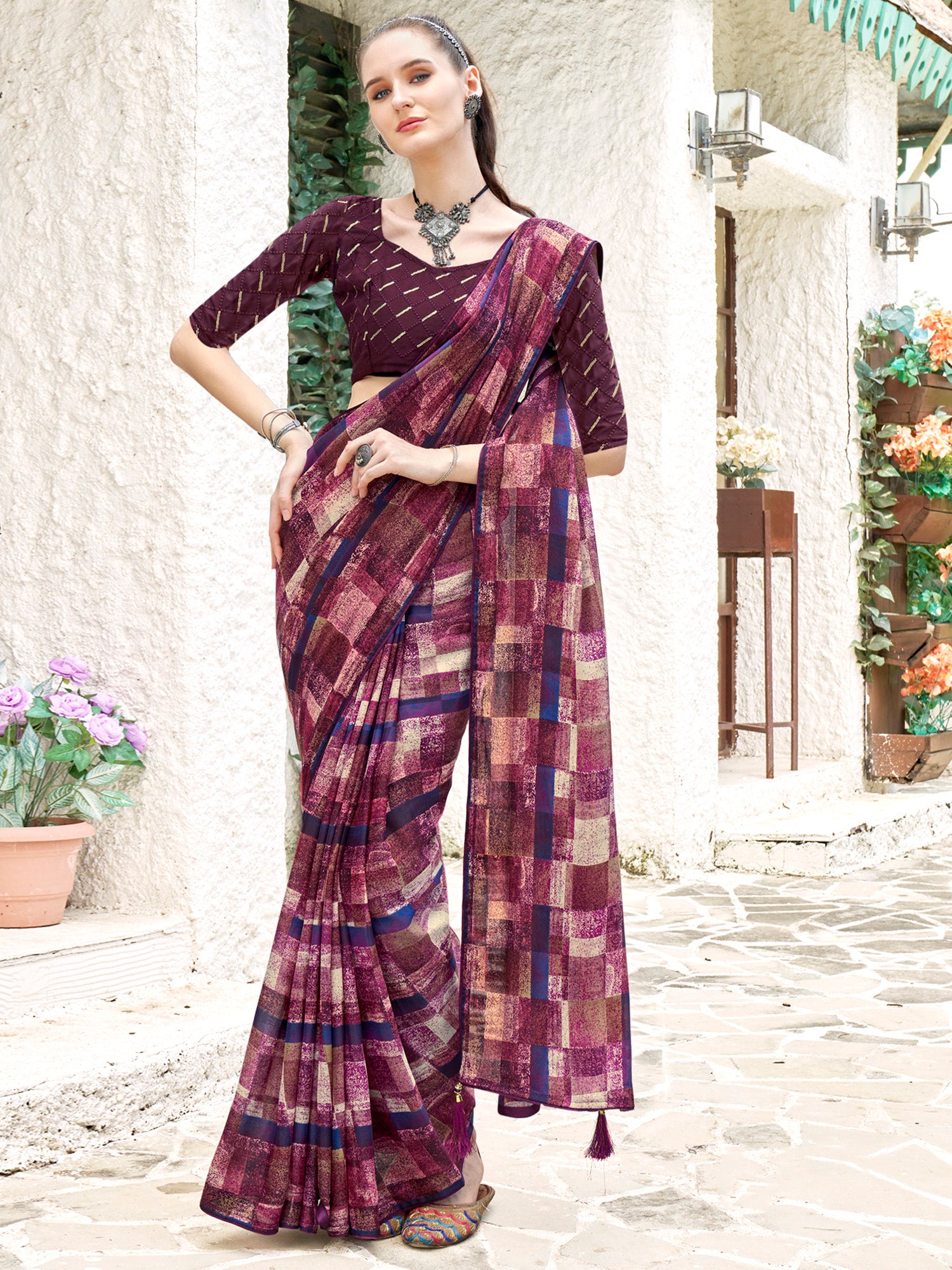 Women's Georgette Magenta Printed Designer Saree With Blouse Piece