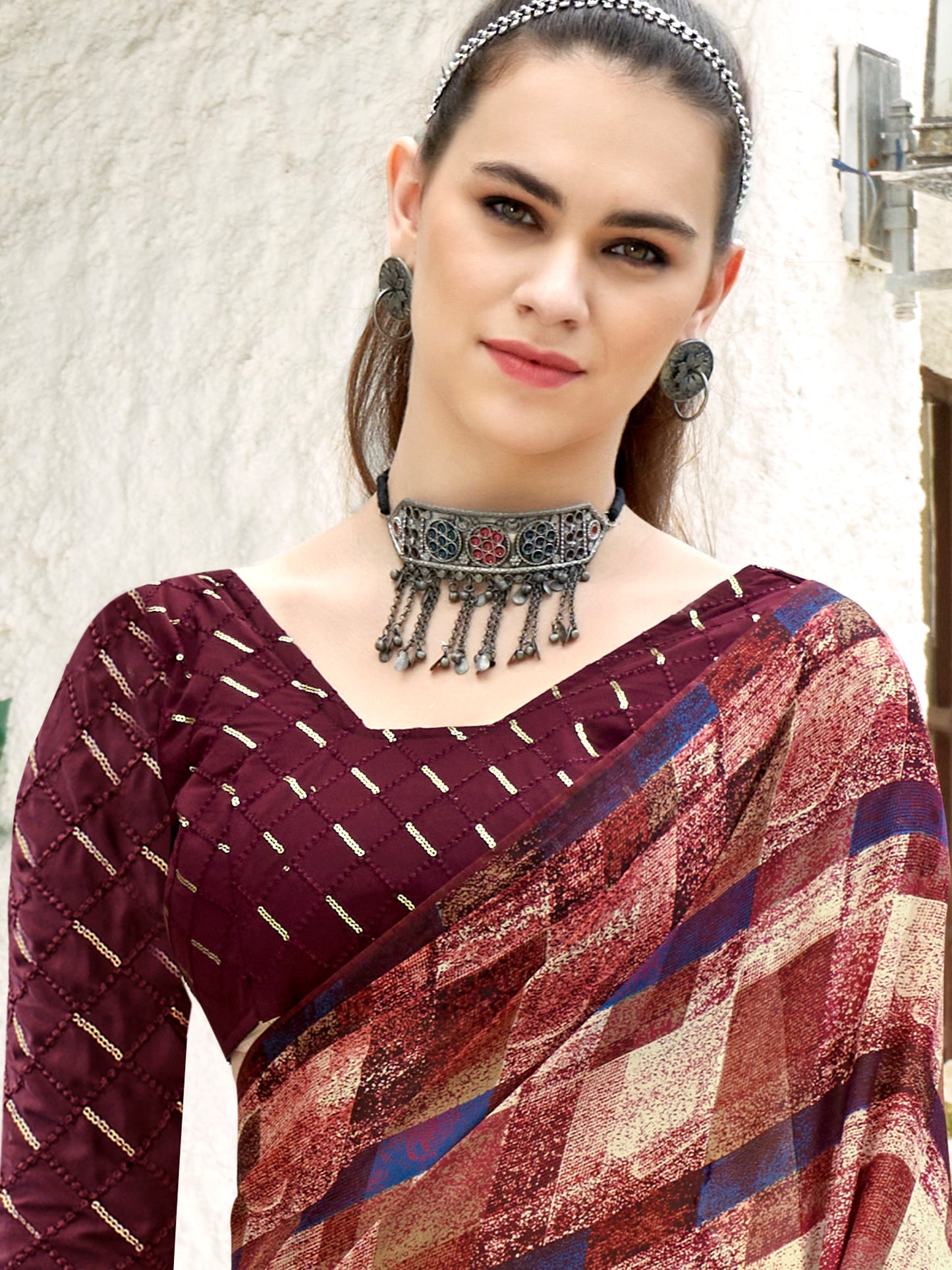 Women's Georgette Magenta Printed Designer Saree With Blouse Piece