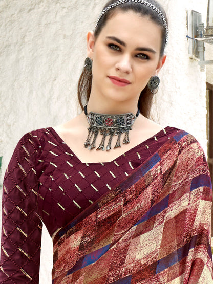 Women's Georgette Magenta Printed Designer Saree With Blouse Piece