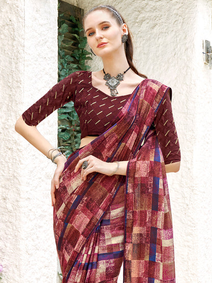 Women's Georgette Magenta Printed Designer Saree With Blouse Piece