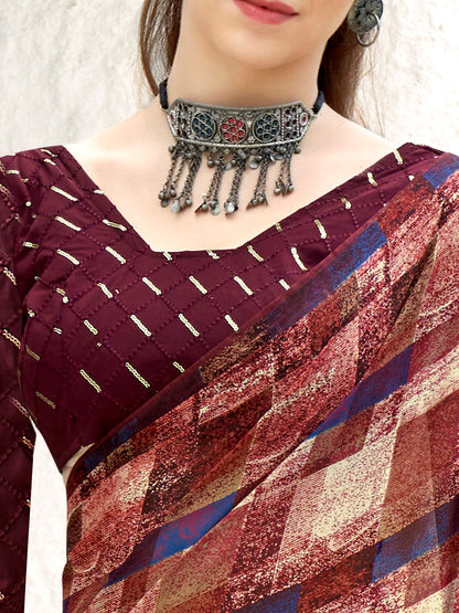 Women's Georgette Magenta Printed Designer Saree With Blouse Piece