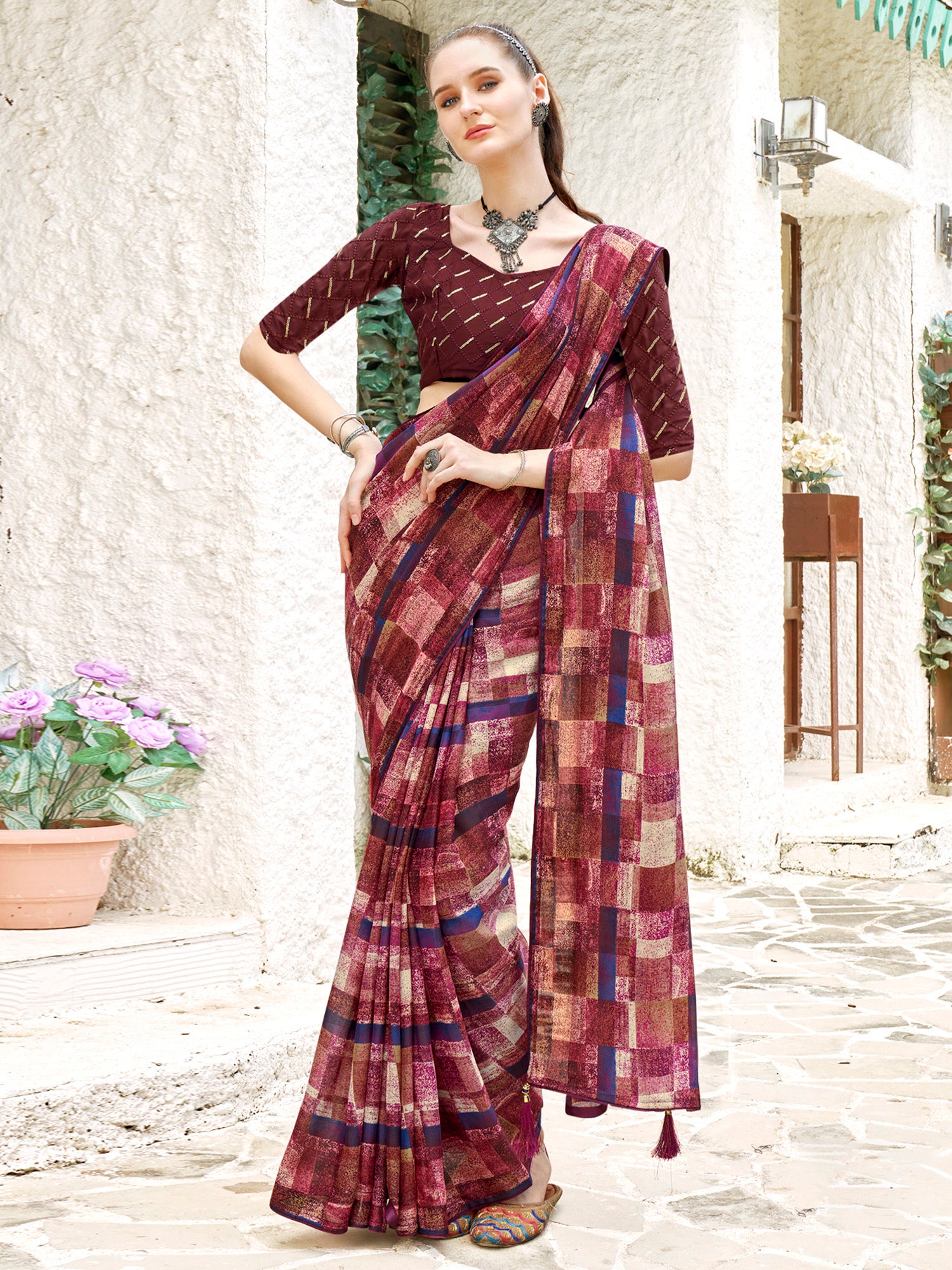 Women's Georgette Magenta Printed Designer Saree With Blouse Piece