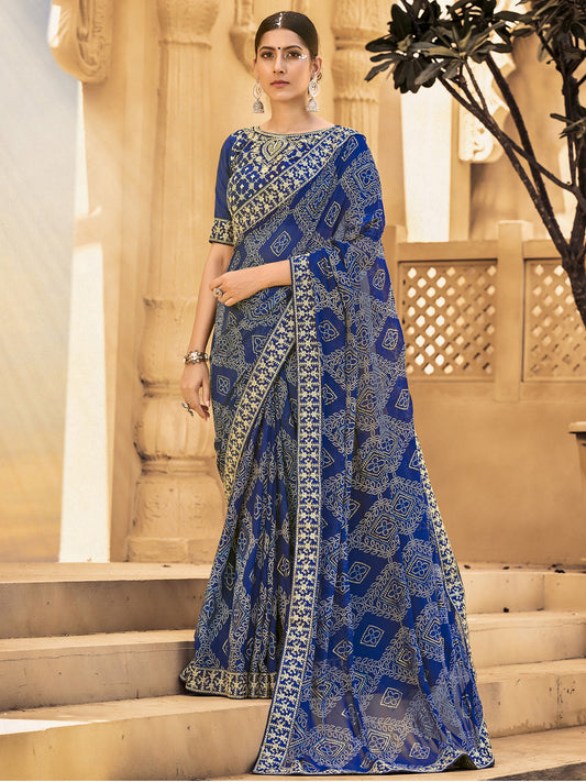 Women's Georgette Blue Embellished Designer Saree With Blouse Piece