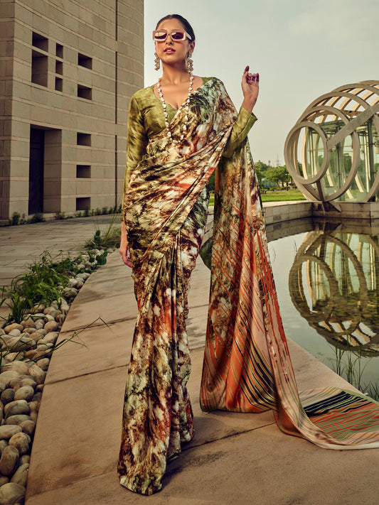 Women's Satin Silk Olive Printed Designer Saree With Blouse Piece