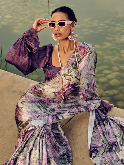 Women's Satin Silk Purple Printed Designer Saree With Blouse Piece