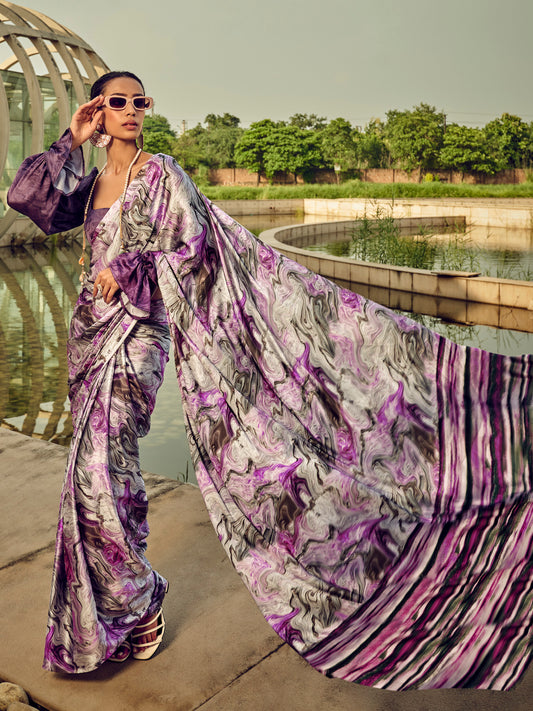Women's Satin Silk Purple Printed Designer Saree With Blouse Piece
