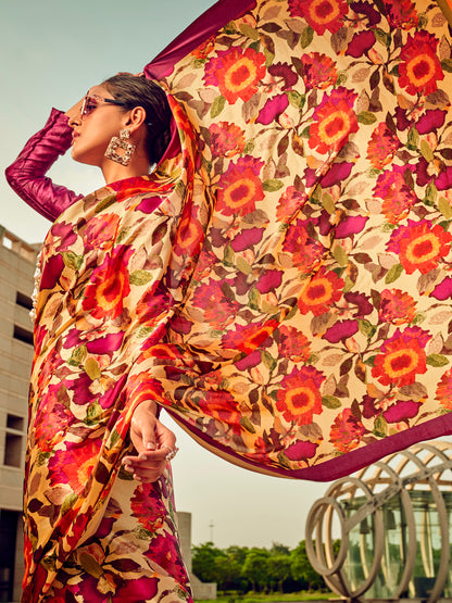Women's Satin Silk Beige Printed Designer Saree With Blouse Piece