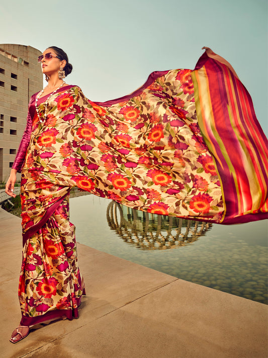 Women's Satin Silk Beige Printed Designer Saree With Blouse Piece