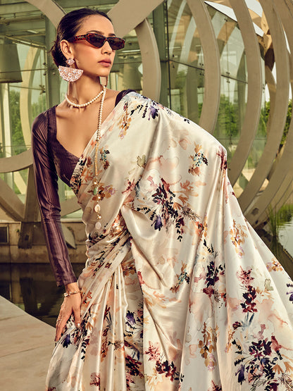 Women's Satin Silk Cream Printed Designer Saree With Blouse Piece