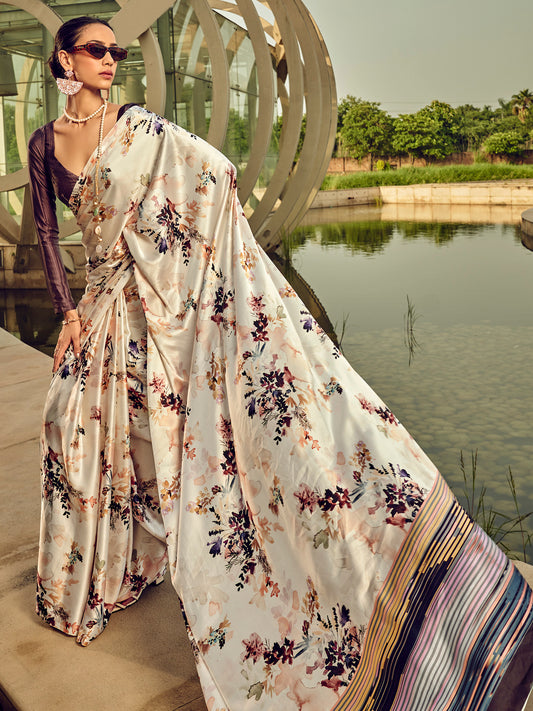 Women's Satin Silk Cream Printed Designer Saree With Blouse Piece