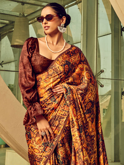 Women's Satin Silk Brown Printed Designer Saree With Blouse Piece