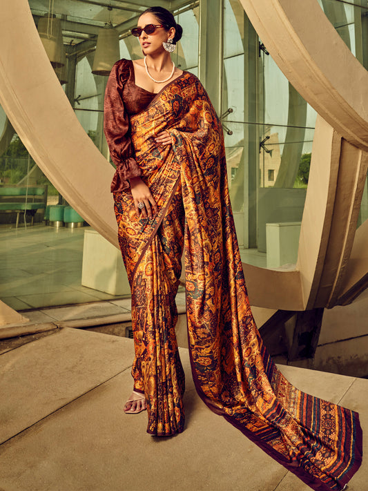 Women's Satin Silk Brown Printed Designer Saree With Blouse Piece