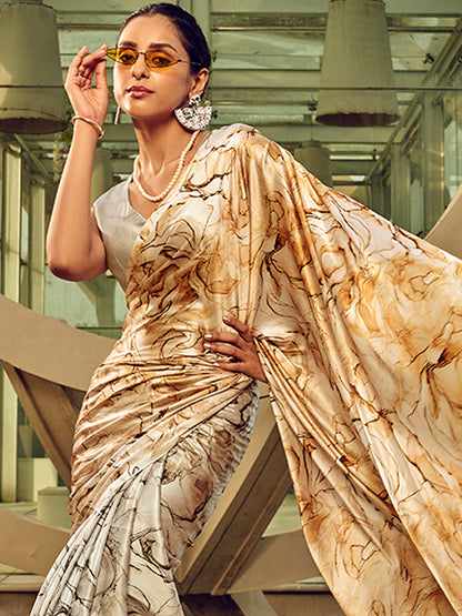Women's Satin Silk Metallic Printed Designer Saree With Blouse Piece