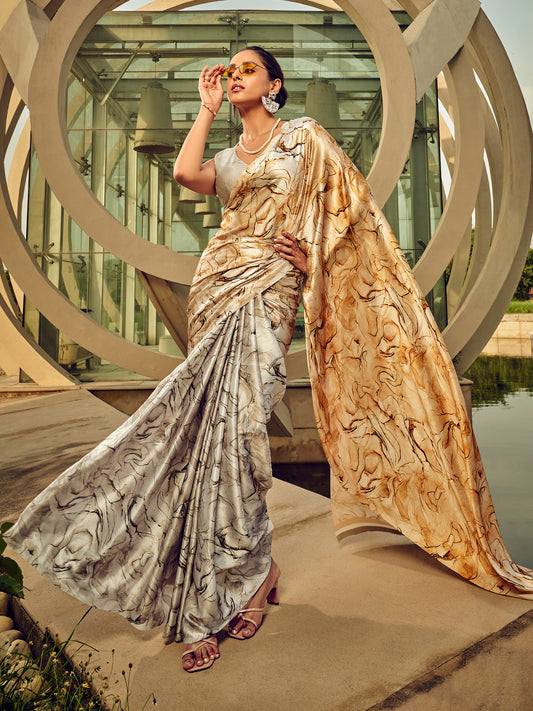 Women's Satin Silk Metallic Printed Designer Saree With Blouse Piece