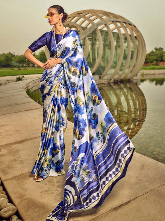 Women's Satin Silk Off White Printed Designer Saree With Blouse Piece