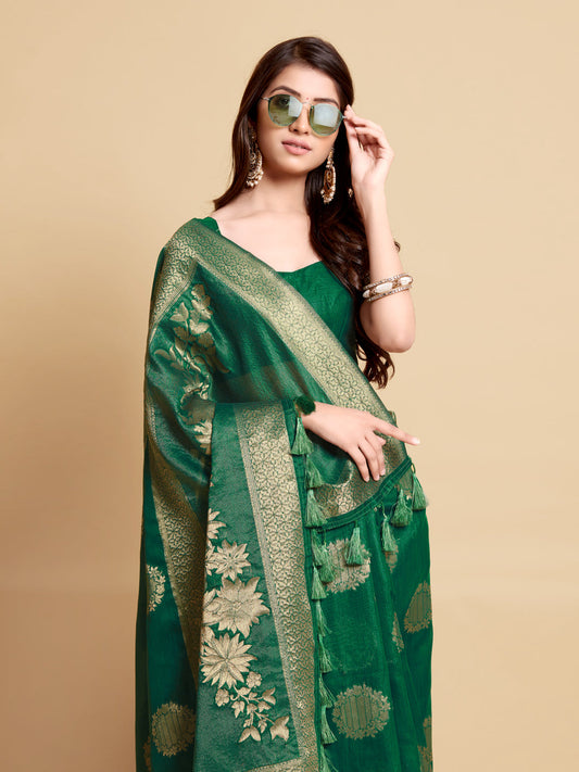 Dhiyona GR Women's Satrangi Leaf Green Zari Woven Design Linen Saree